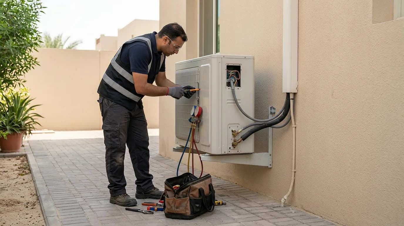 AC technician examining an outdoor air conditioning unit on a Dubai residential building