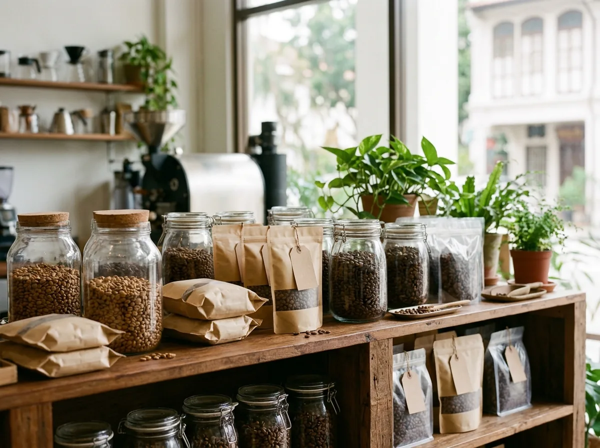 Different roasted coffee beans in containers showing various roast levels.