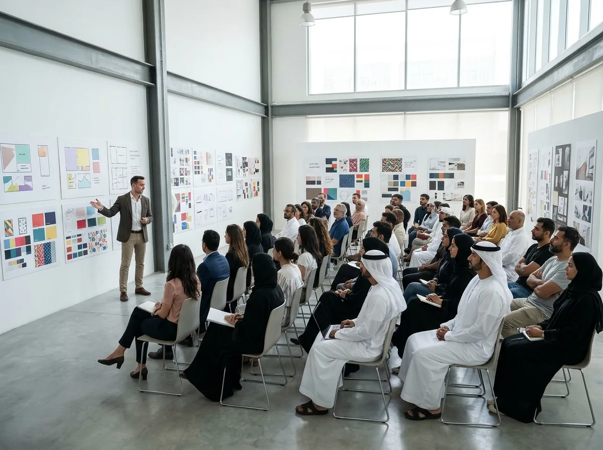 Design workshop with presenter speaking to seated audience in modern venue