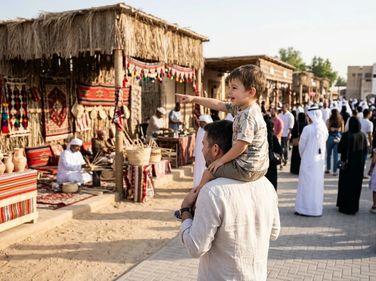 Child on adult's shoulders pointing at craft displays and festival stalls.
