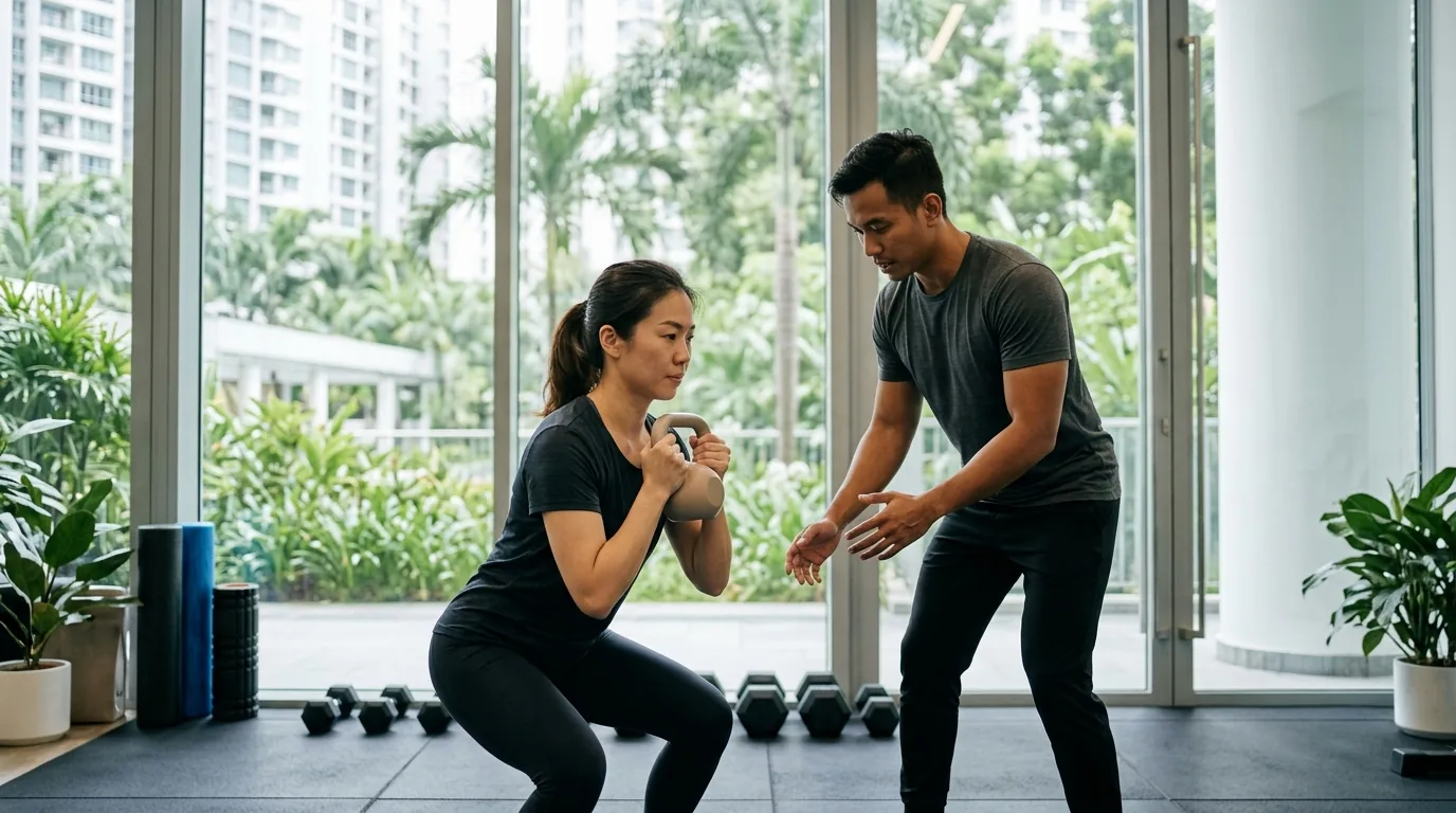 Personal trainer assisting a client with exercise form in a fitness studio