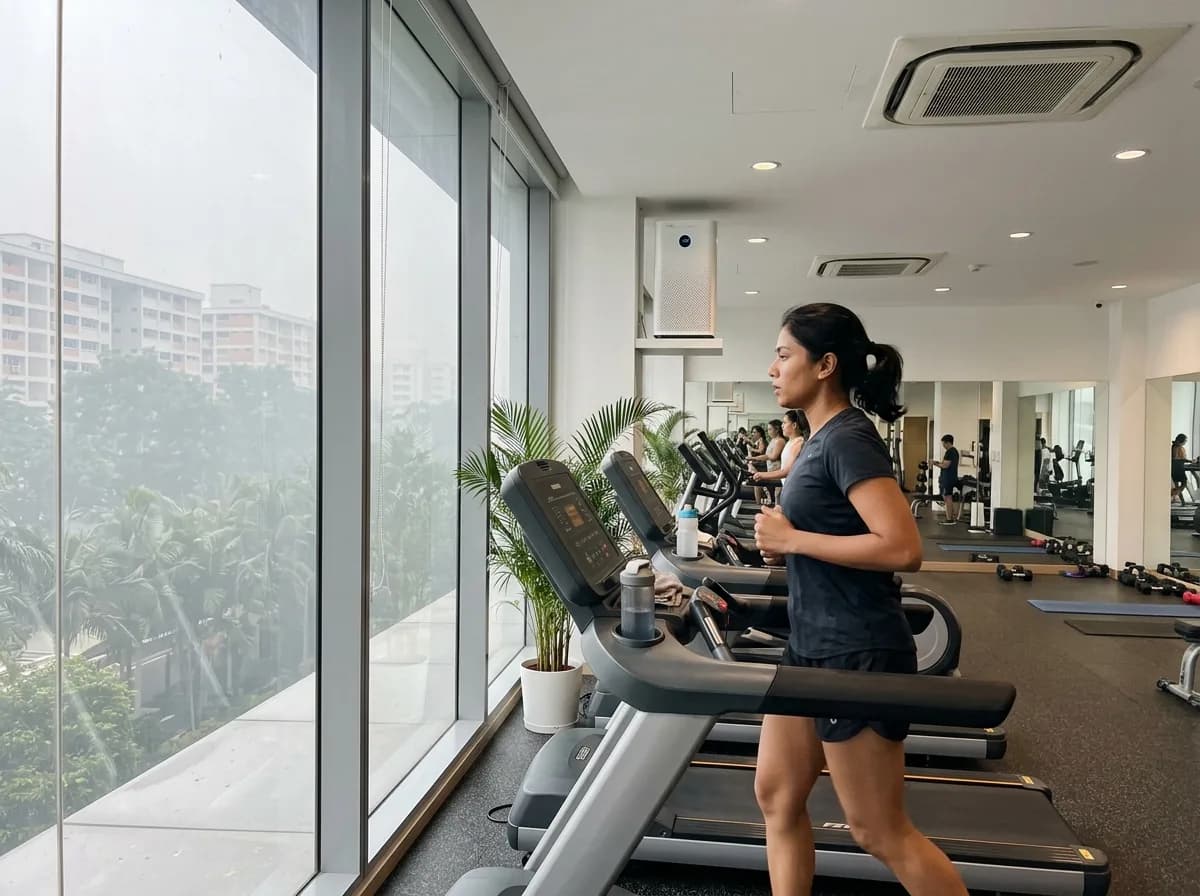 Person running on treadmill in climate-controlled indoor gym during haze.