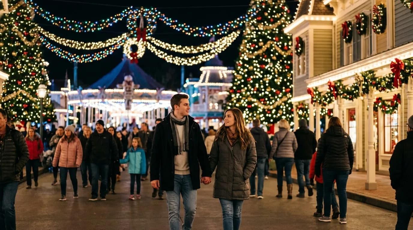 Couple strolling through a holiday-lit theme park at night with twinkling decorations and festive crowds.