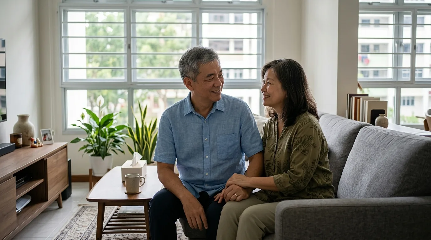 A couple holding hands on a sofa, bathed in natural light from a window.
