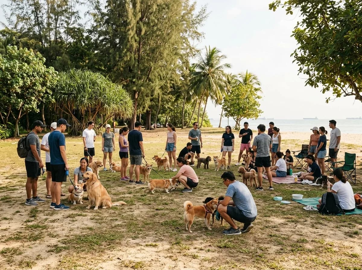 Multiple dogs and owners together at a beach or park on a sunny day, dogs interacting peacefully.