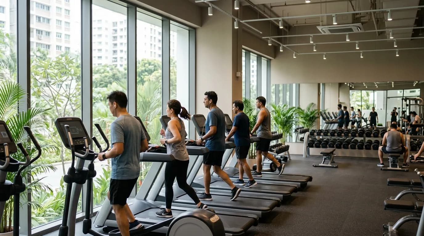 Modern gym with cardio machines and free weights equipment with exercising patrons.