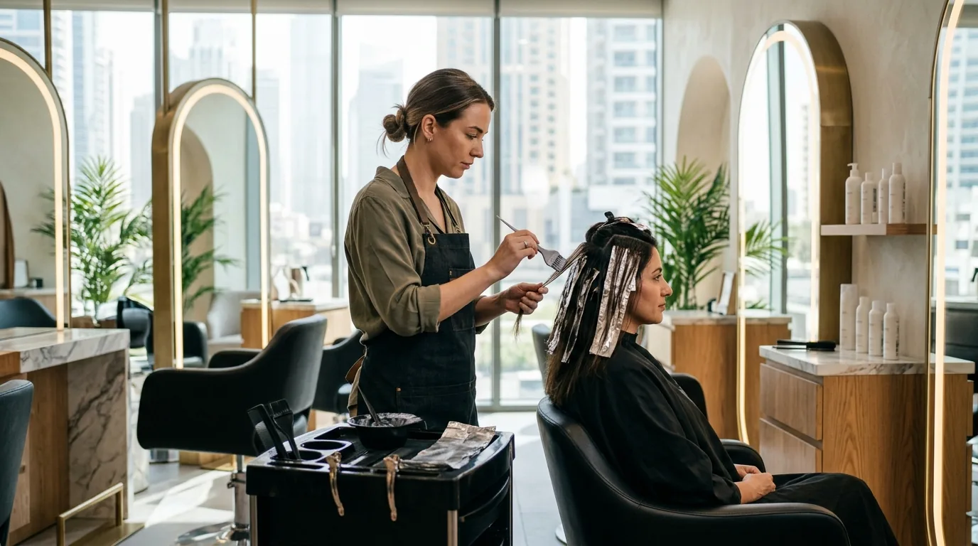 Hair colourist applying highlights to a client's hair in a salon setting.
