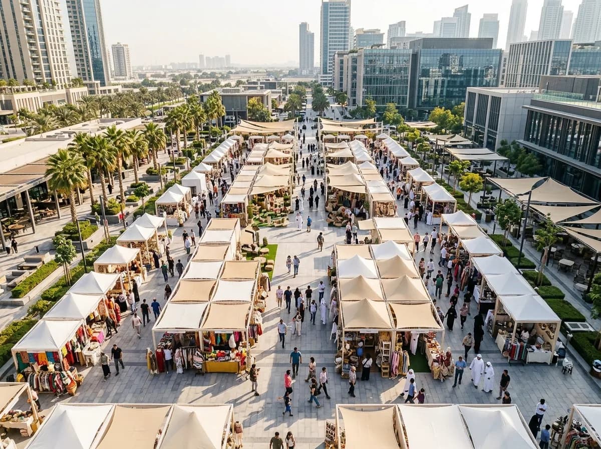 Overhead view of crowded outdoor marketplace with vendor stalls and visitors