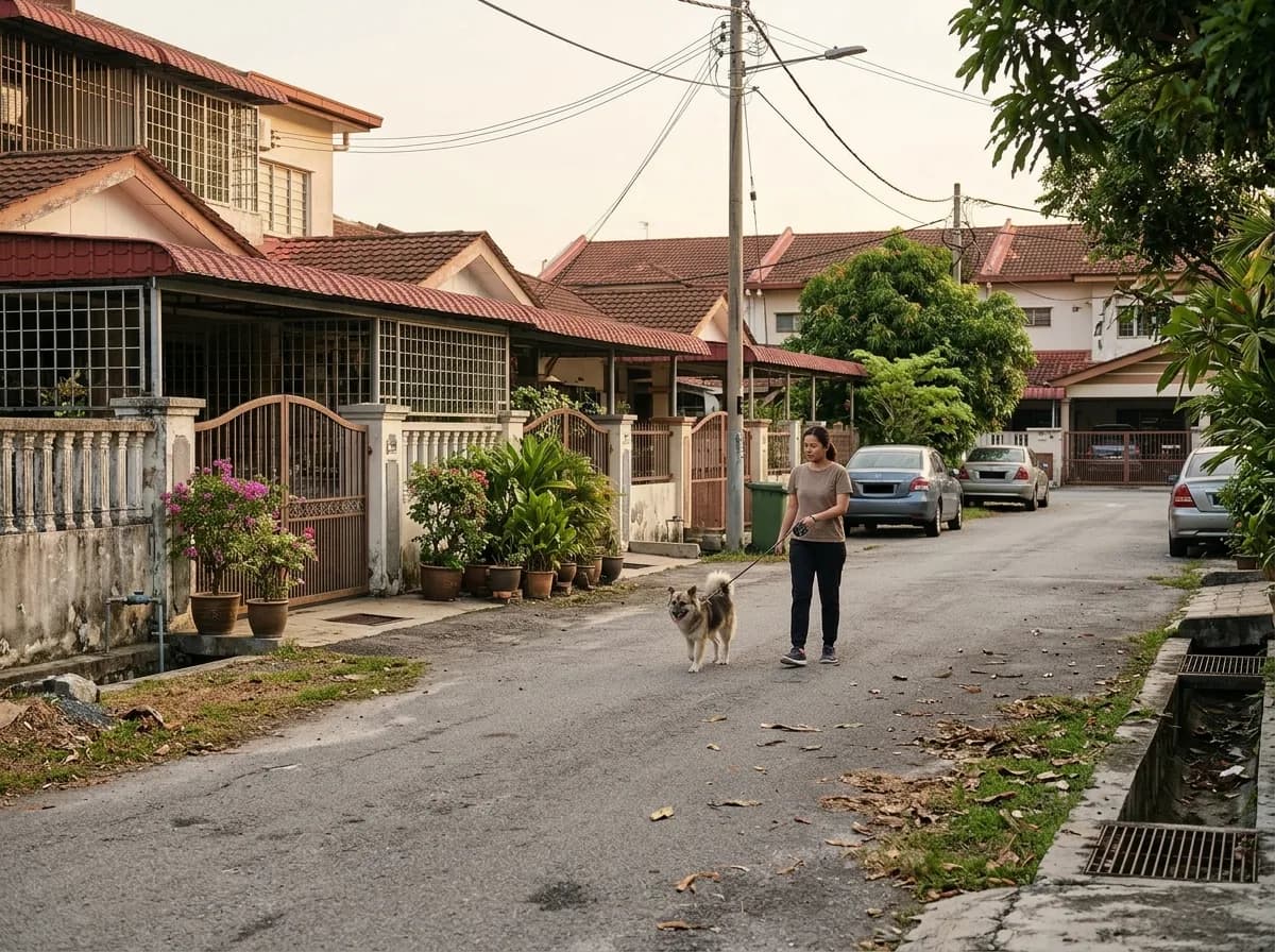 A person walking a leashed dog during daylight in a quiet residential street.