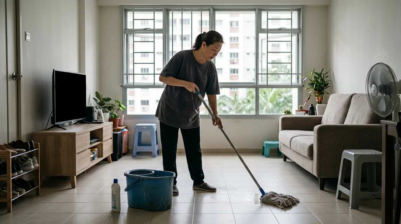 A cleaner mopping a living room floor in a home interior.