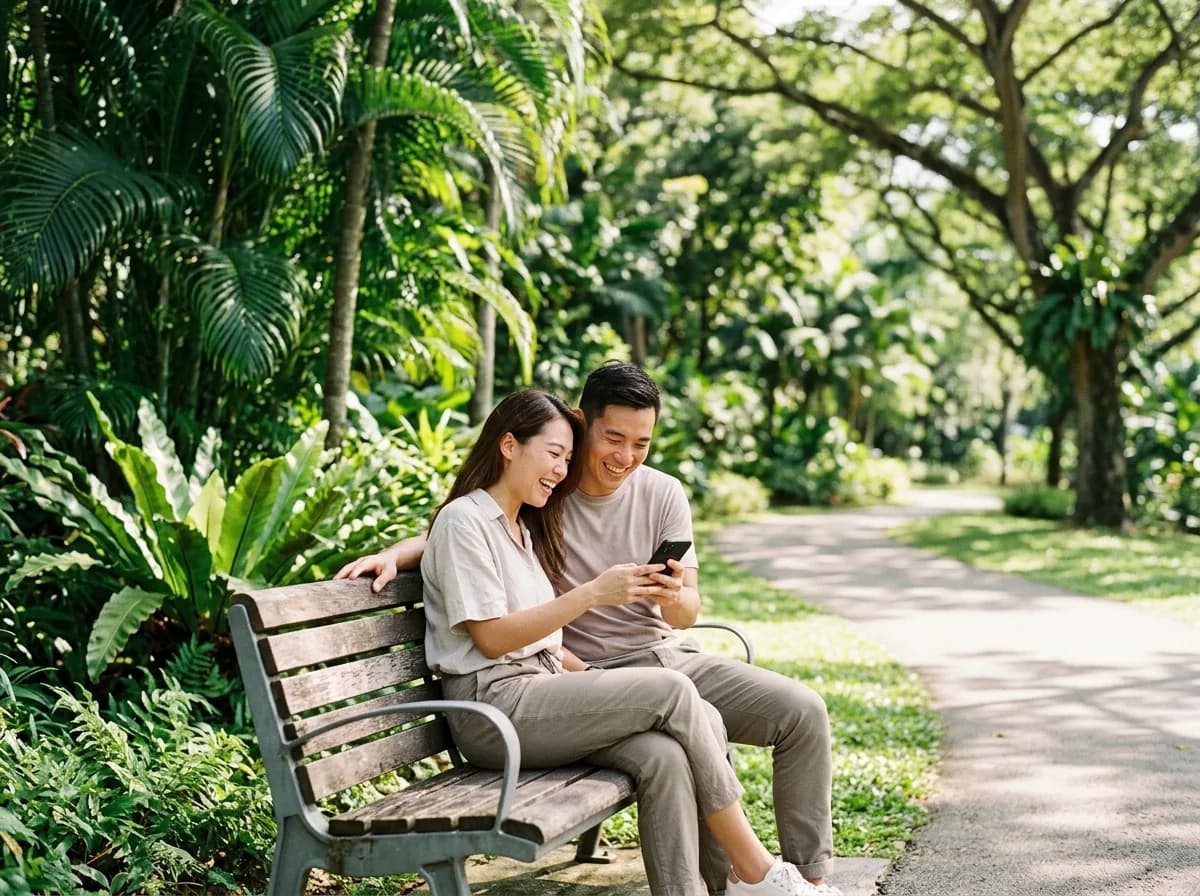 Two people laughing together while looking at phone on park bench