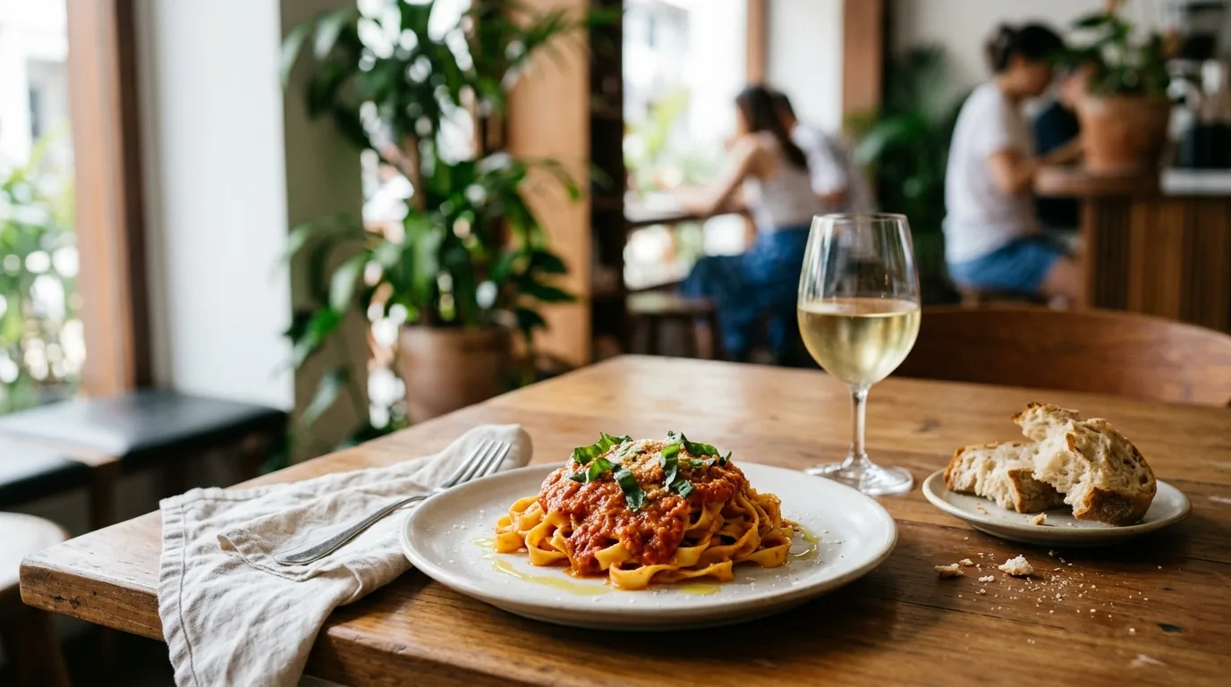 Fresh pasta with tomato sauce, basil, wine glass and bread on a table.