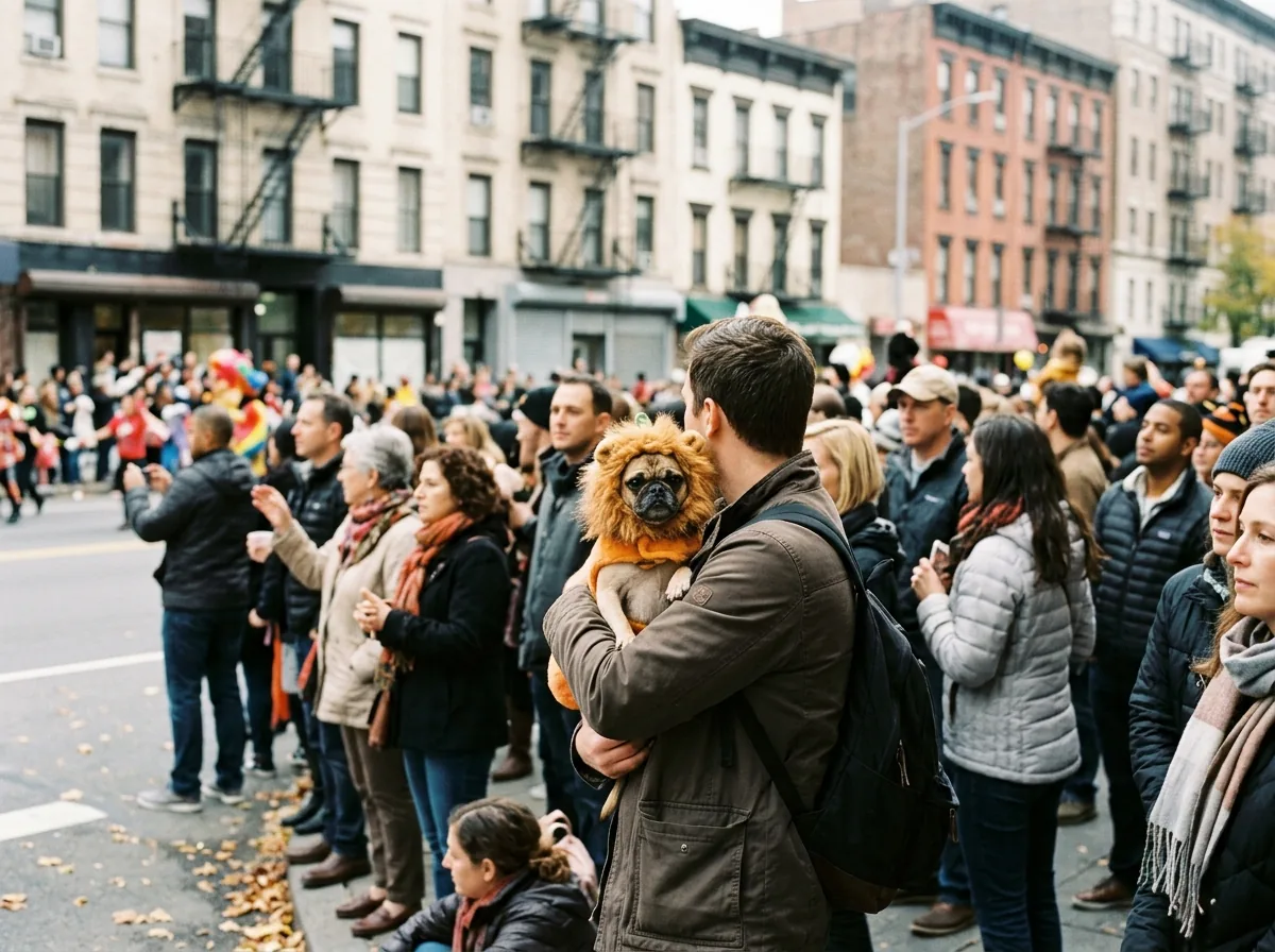 Person holding a small dog in a costume while watching a parade with crowds around them.