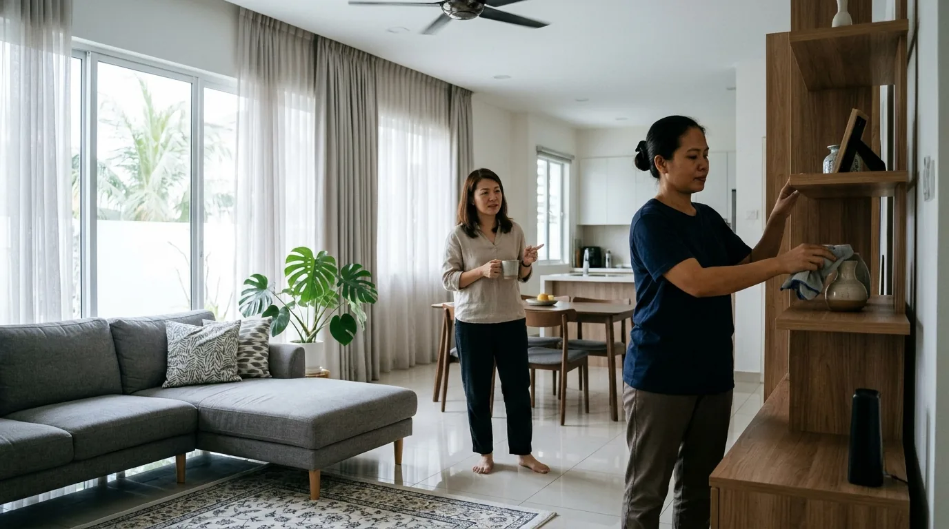 A maid wearing casual work clothes arranges items in a bright, modern home interior.