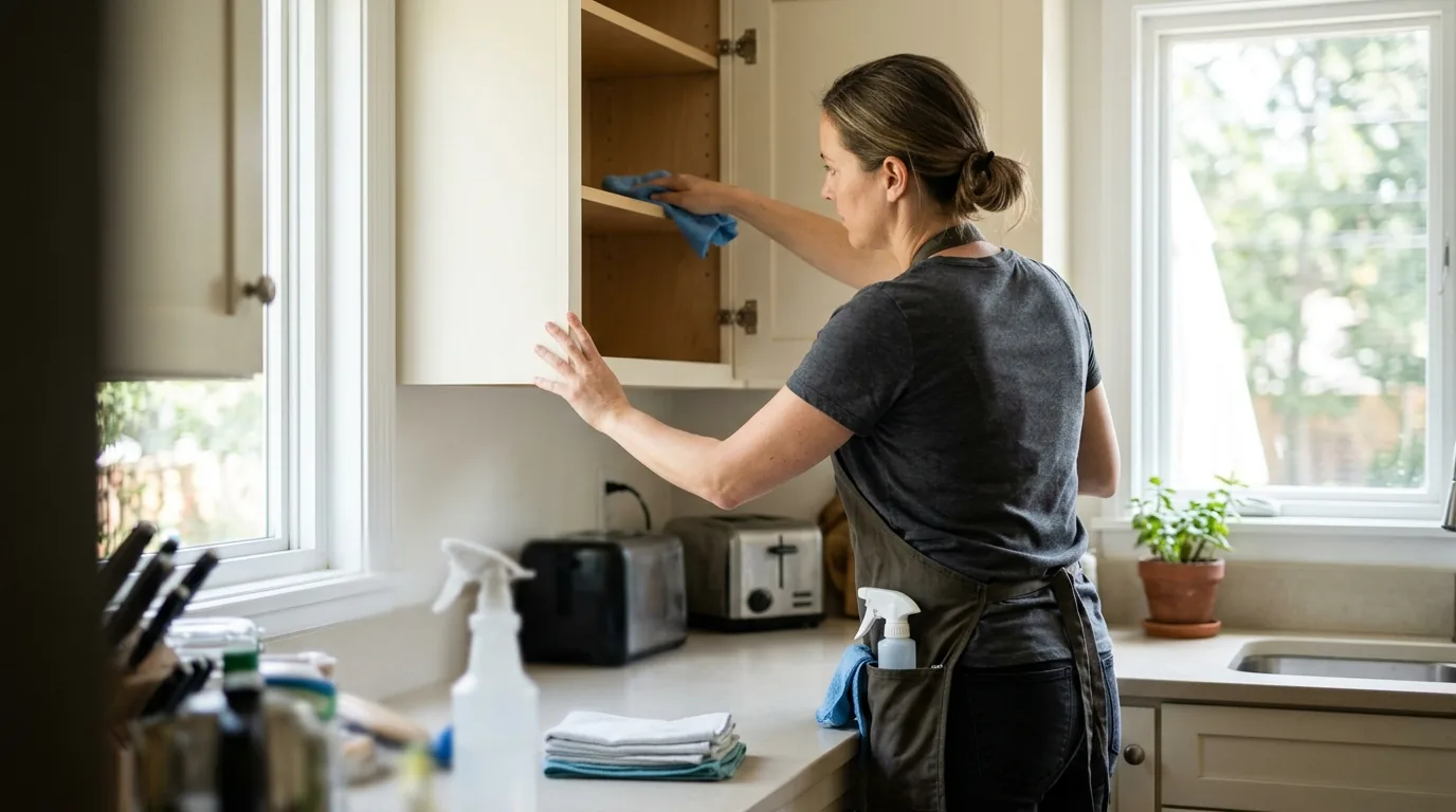 Cleaner cleaning inside of kitchen cabinet with microfiber cloth