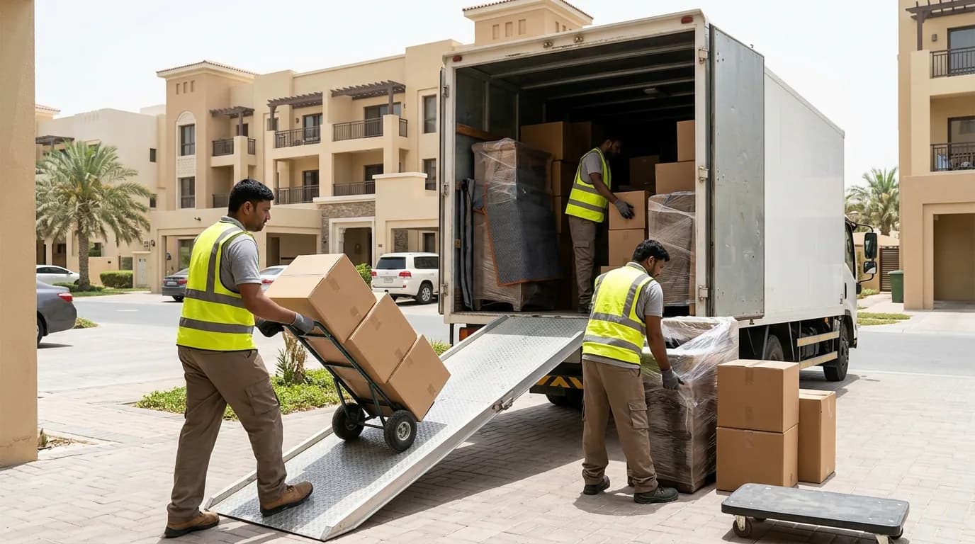 Movers loading packed boxes and furniture into a moving van.