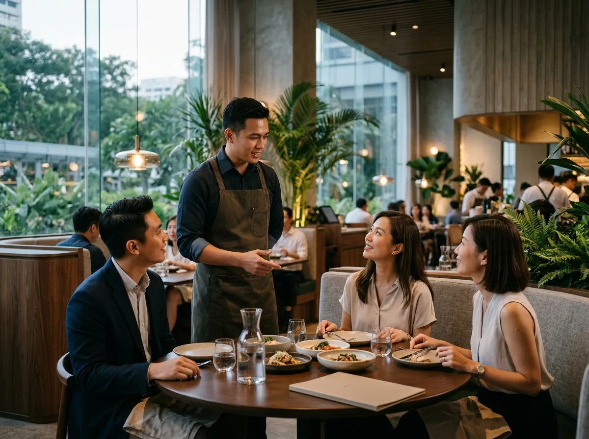 Staff member assisting guests in a modern restaurant interior