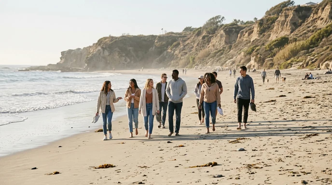 People walking together on a sunny beach with waves and sand.