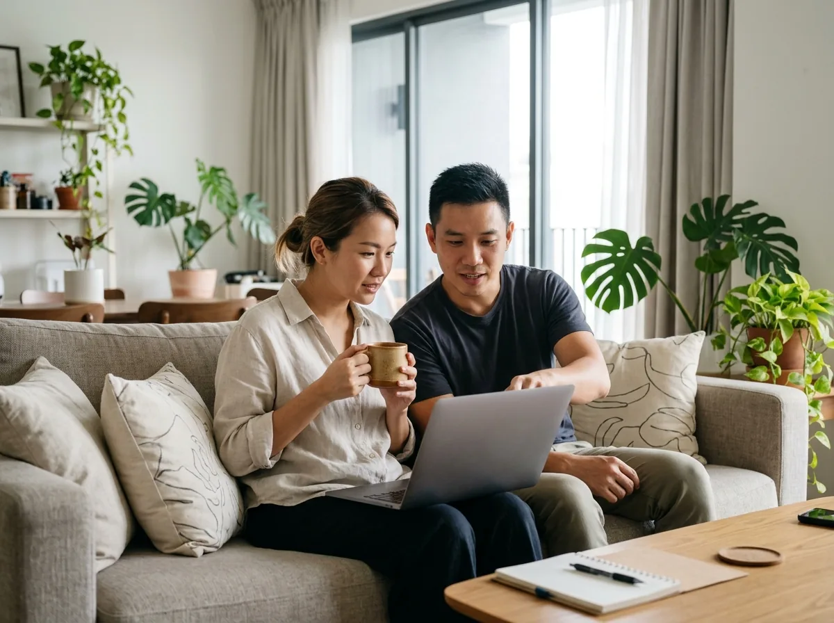 A couple planning their date together using a laptop at home.