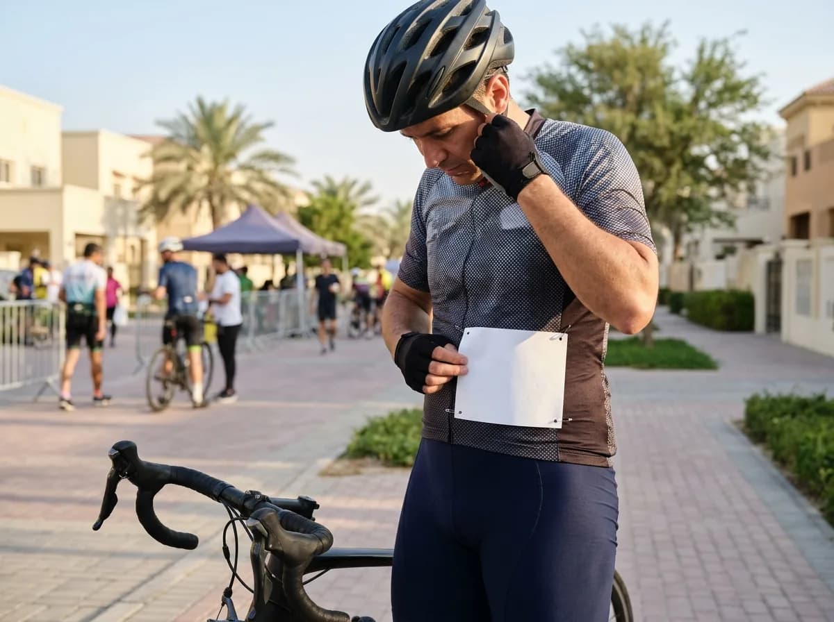 Cyclist adjusting their numbered race bib and helmet.