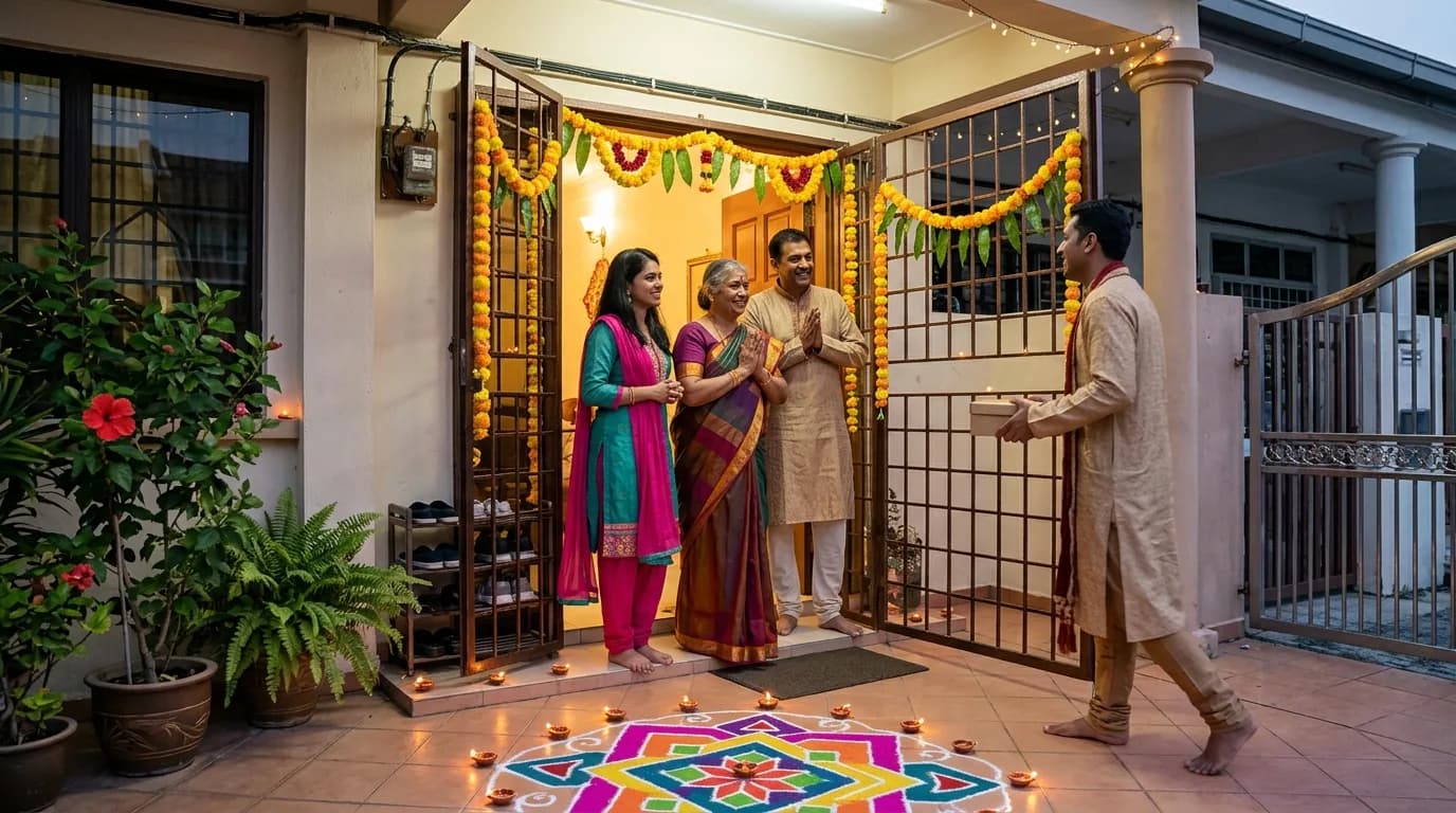 A home entrance decorated for Deepavali with lit oil lamps, rangoli art, and people greeting at the door.