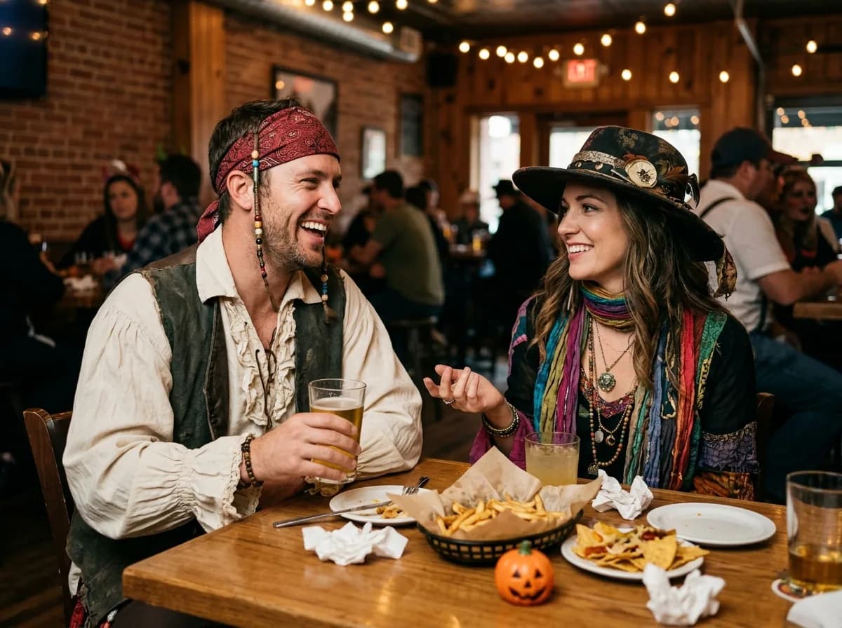 Couple in costume dining at a restaurant before a Halloween parade event.