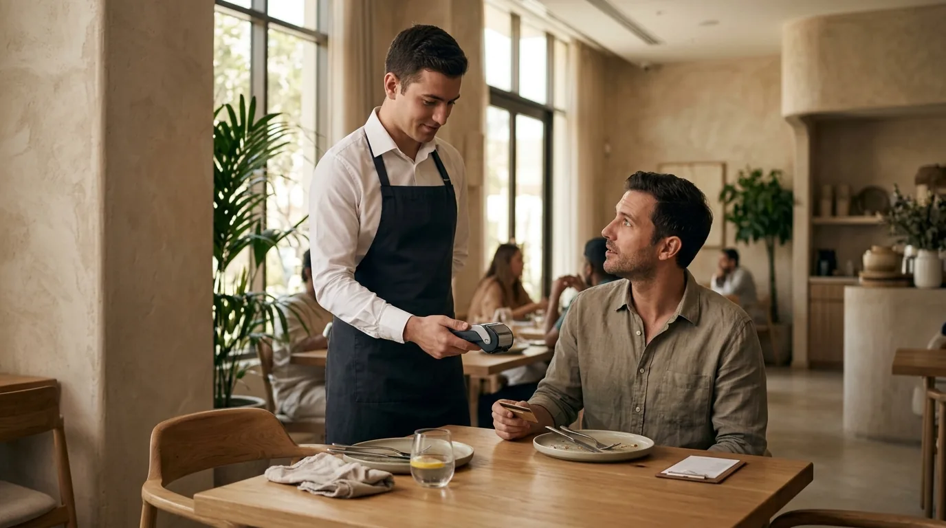Waiter presenting payment terminal to diner at table in Abu Dhabi restaurant