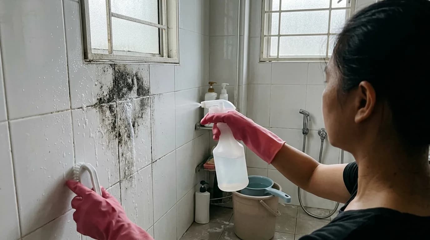 Person cleaning mould from bathroom tiles with spray cleaner and gloves