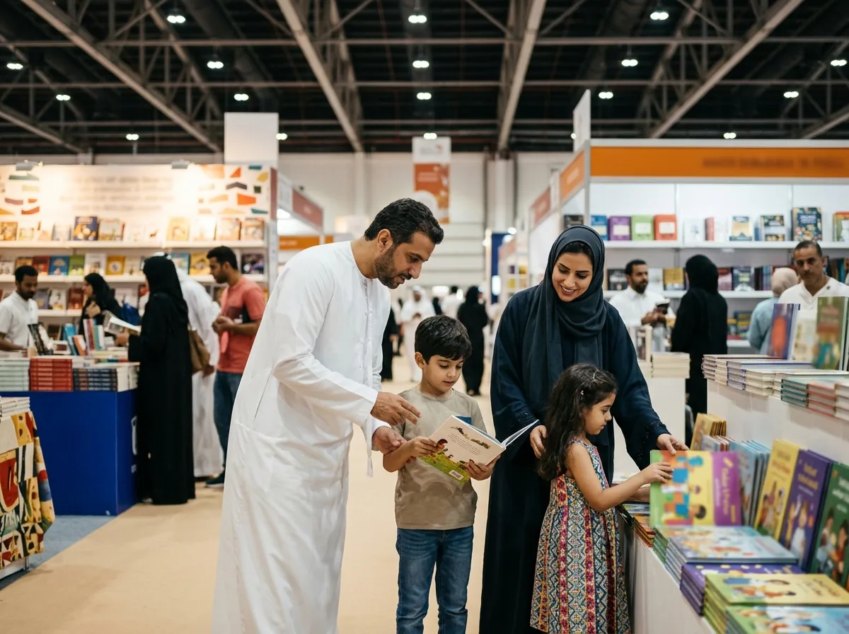 A family with children exploring book displays and selecting books at a book fair.