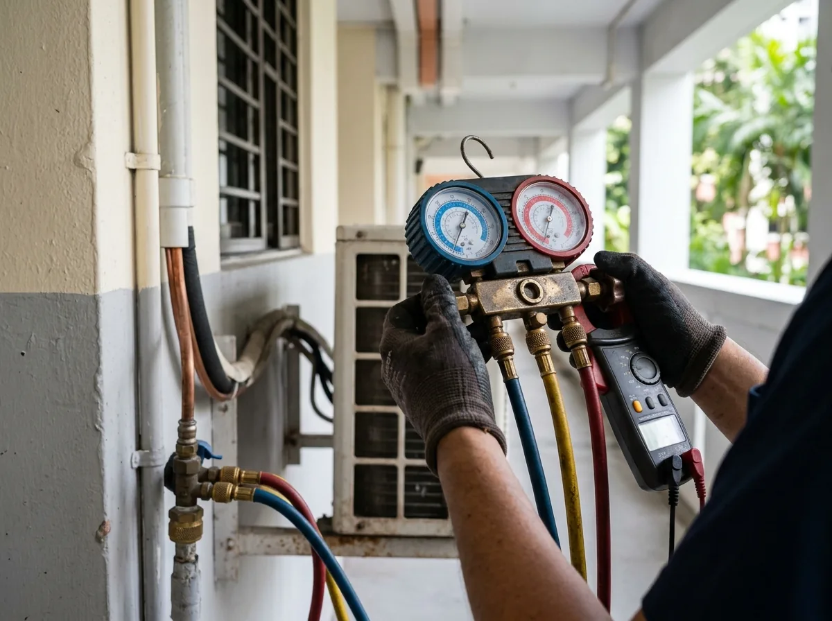 Refrigerant gauges and diagnostic tools used for aircon servicing.
