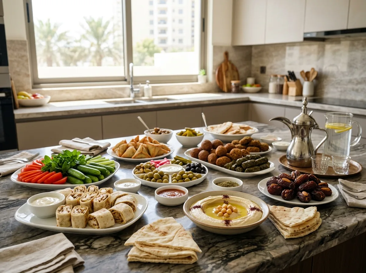 Spread of Emirati appetizers and traditional dishes on serving platters