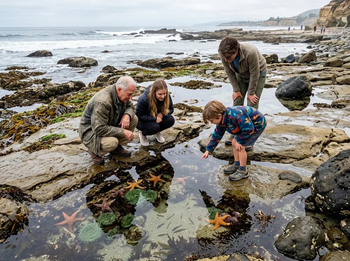 Visitors examining colorful starfish and sea life in shallow tide pools among rocks.