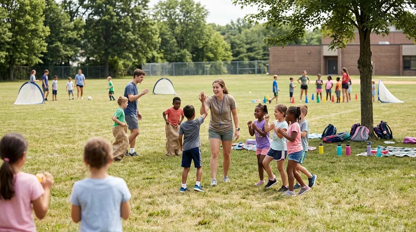 Children and camp counselors playing outdoor games on a grass field under blue sky.