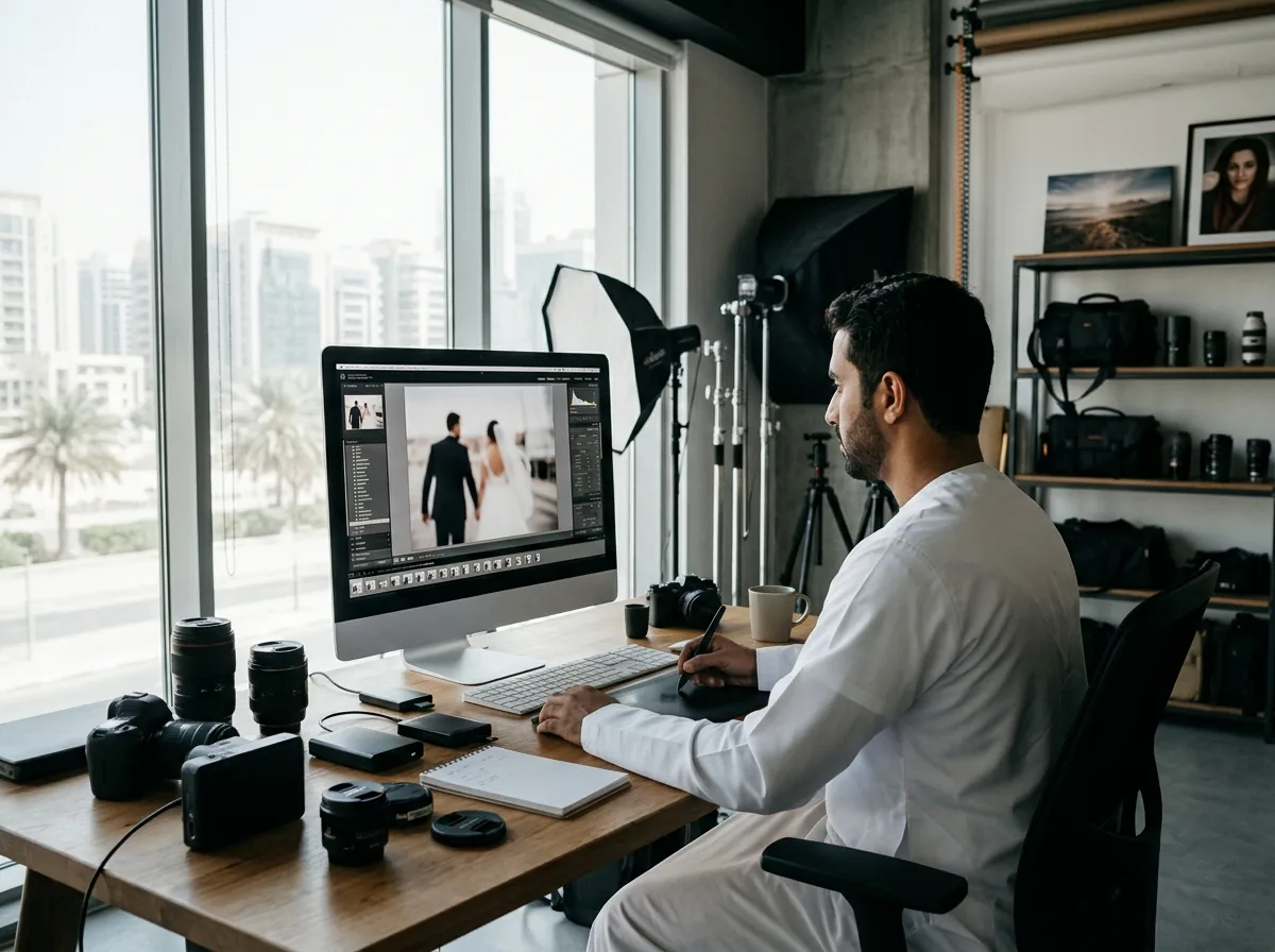 Photographer editing wedding images at a desk with professional equipment