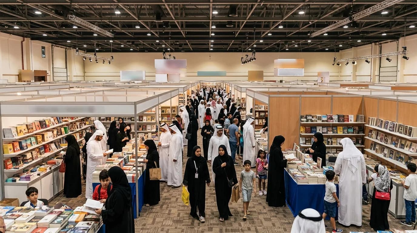 Visitors browsing books at display stands in a large, well-lit indoor exhibition hall.