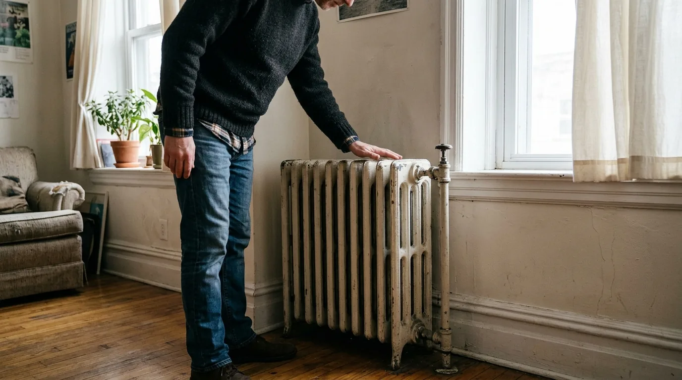Person testing a cold radiator in an apartment during winter.