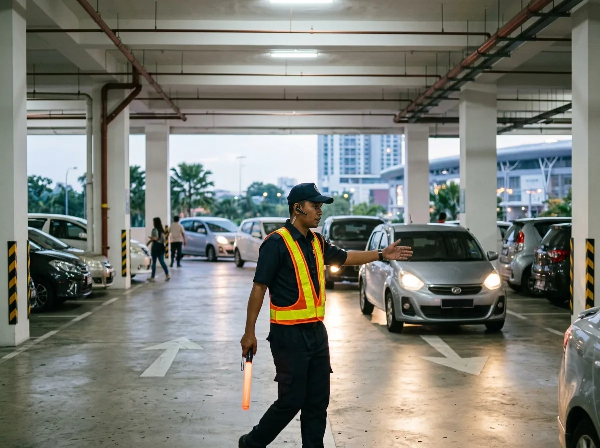 Parking attendant managing vehicles in a organized car park near an entertainment venue.