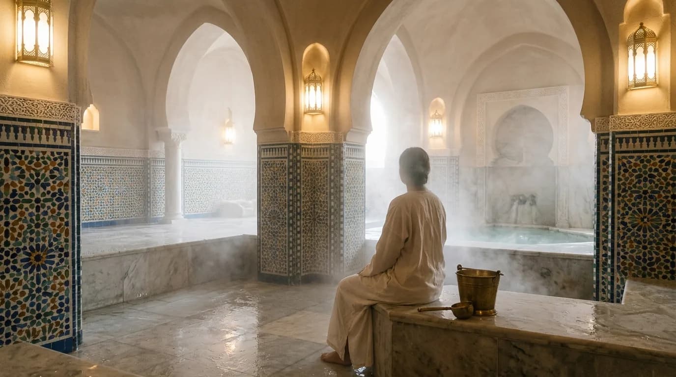 Person in a Moroccan hammam steam room with tiled walls and rising steam
