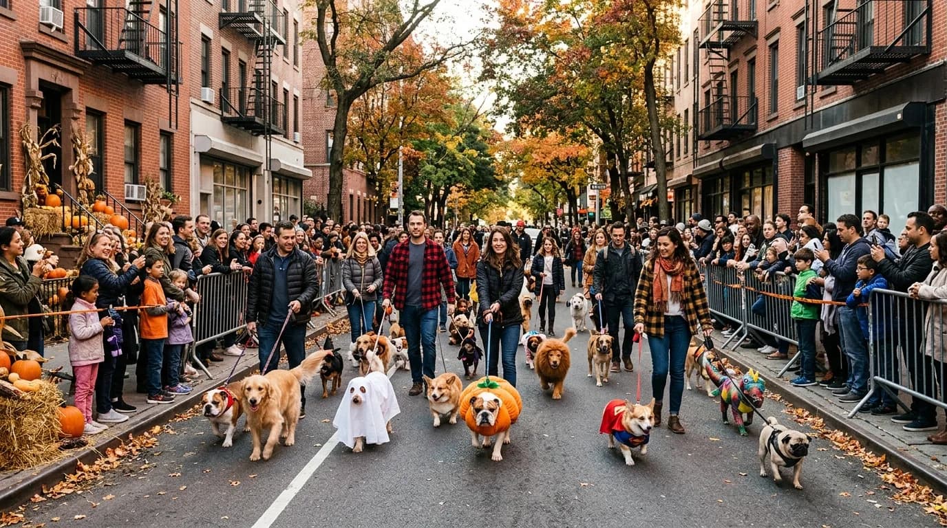 Dogs in colorful Halloween costumes walking down an urban street with spectators on both sides.