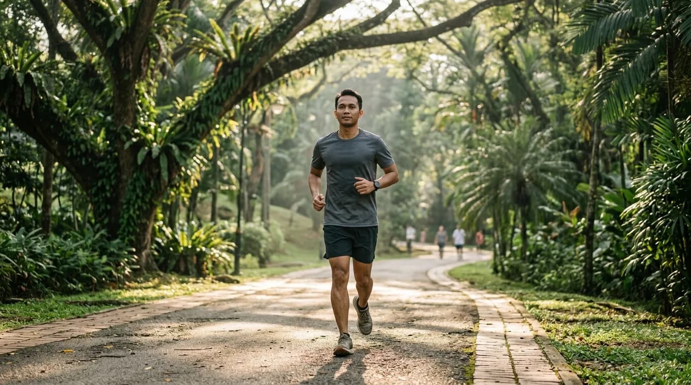 Runner jogging on a tree-lined path in Malaysia during early morning.