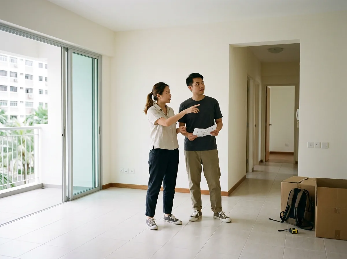 Couple planning their new flat interior together.