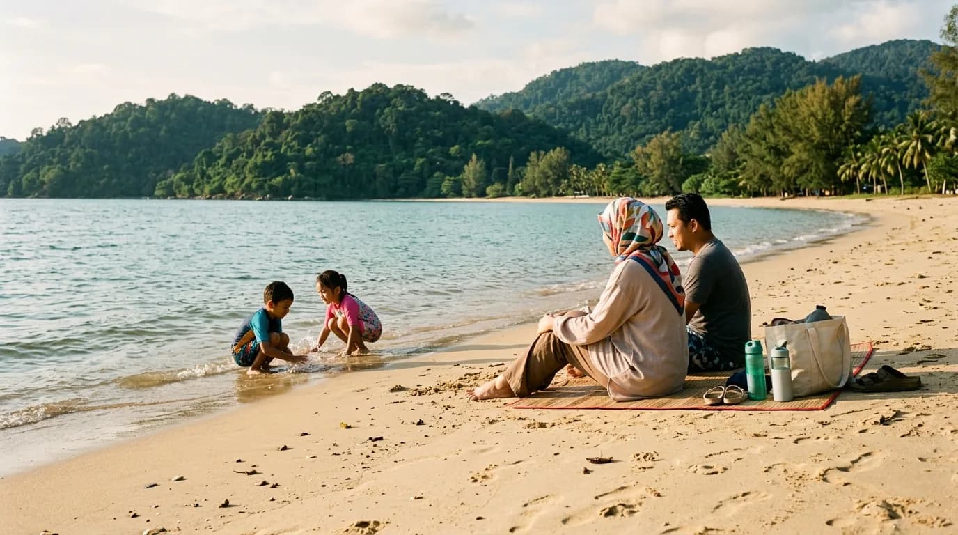 Family with children playing in shallow beach water, forested hills in background