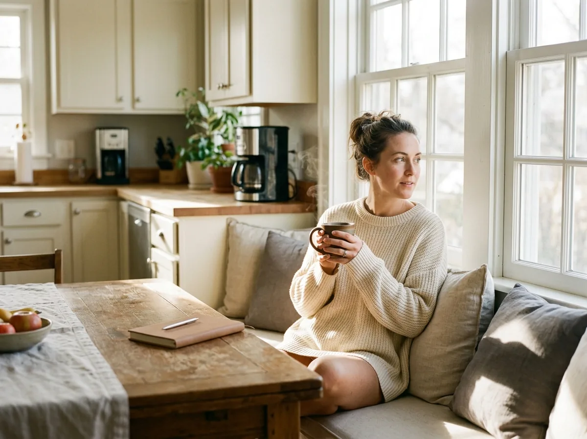 Person enjoying hot beverage in bright morning sunlight at home.