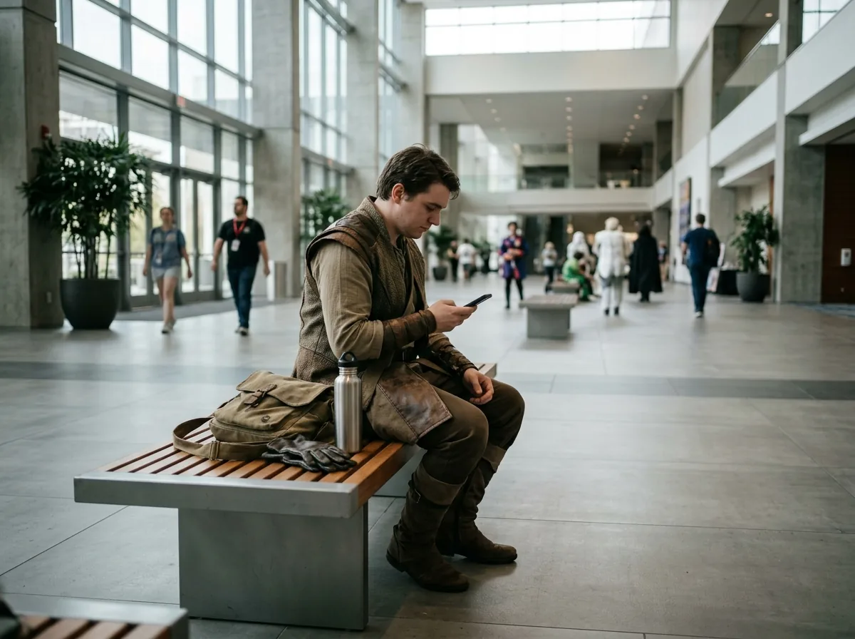 Convention visitor in costume taking a rest break with water and checking a map.
