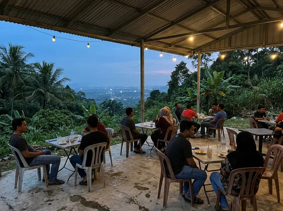 Casual hilltop café interior with visitors relaxing and enjoying views from Penang Hill.