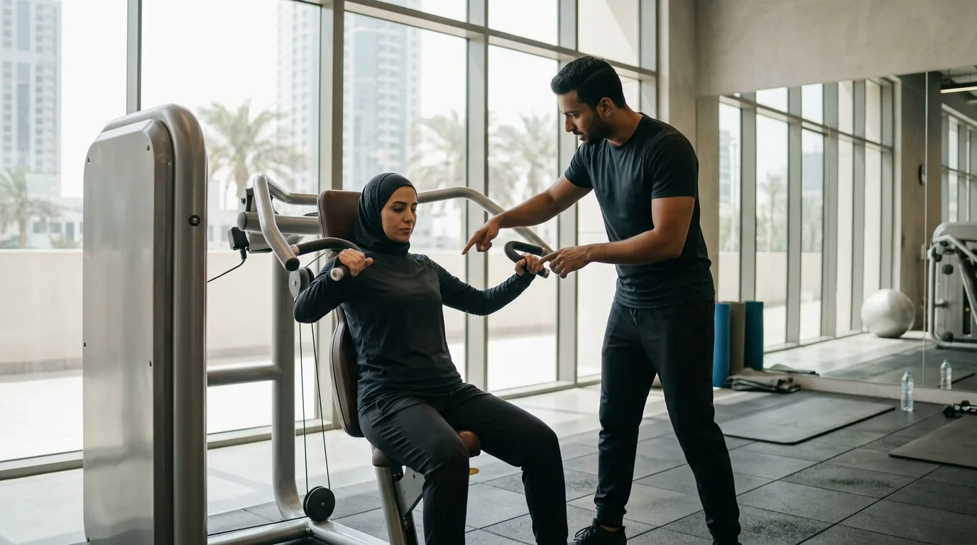 Personal trainer instructing woman on gym equipment in bright, contemporary fitness studio.