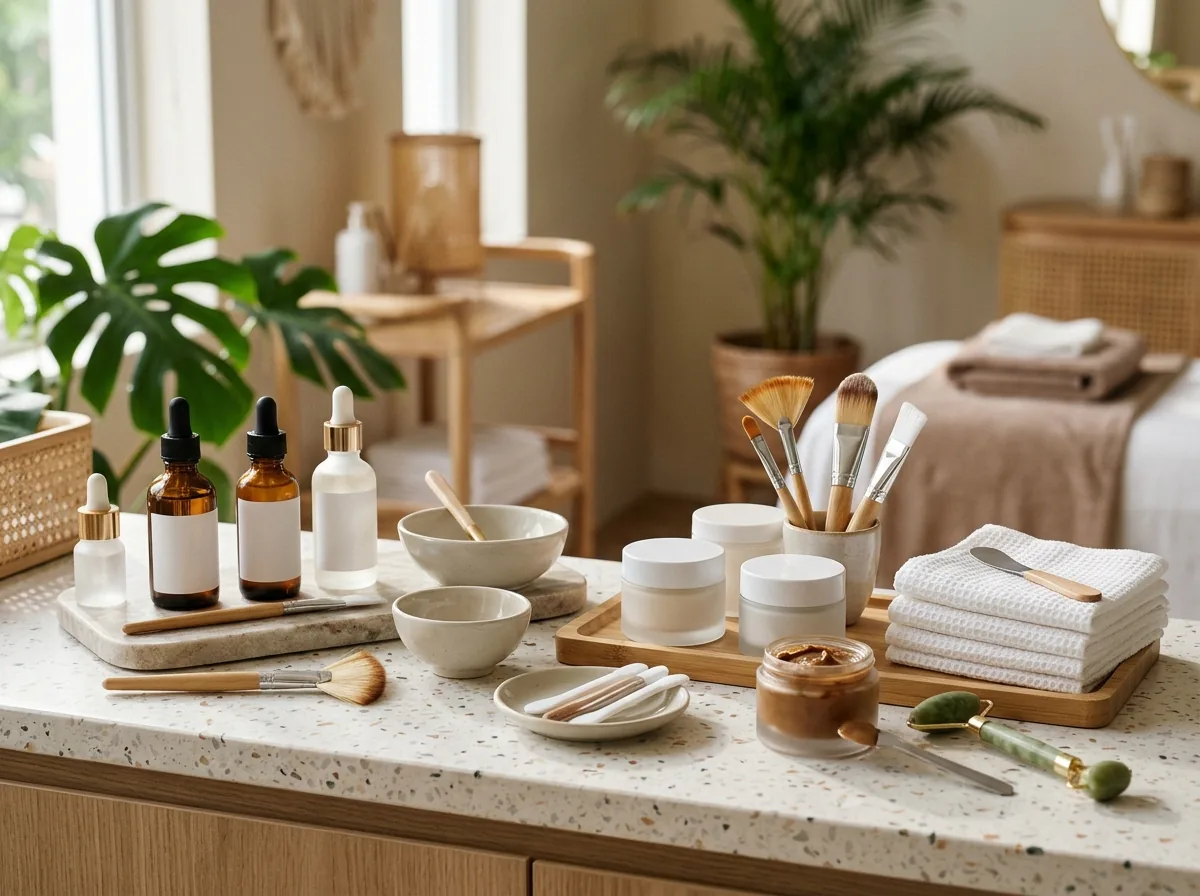 Array of generic skincare products and facial treatment tools on a salon counter.