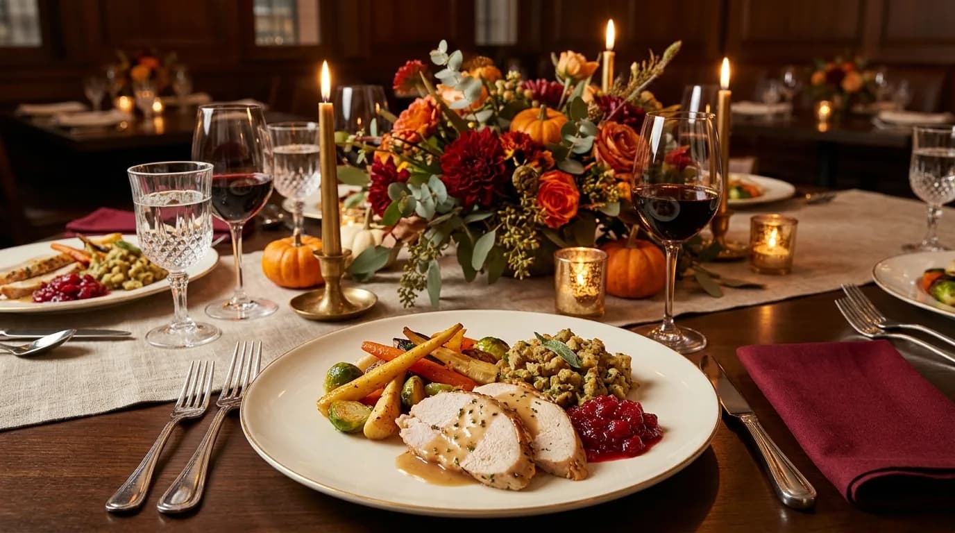 Elegant Thanksgiving plate with turkey, vegetables, and sides on fine dining table with candles