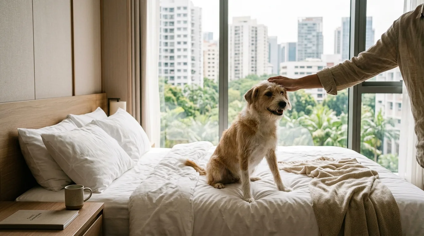 Dog relaxing on a hotel bed with a person, city skyline visible through windows.