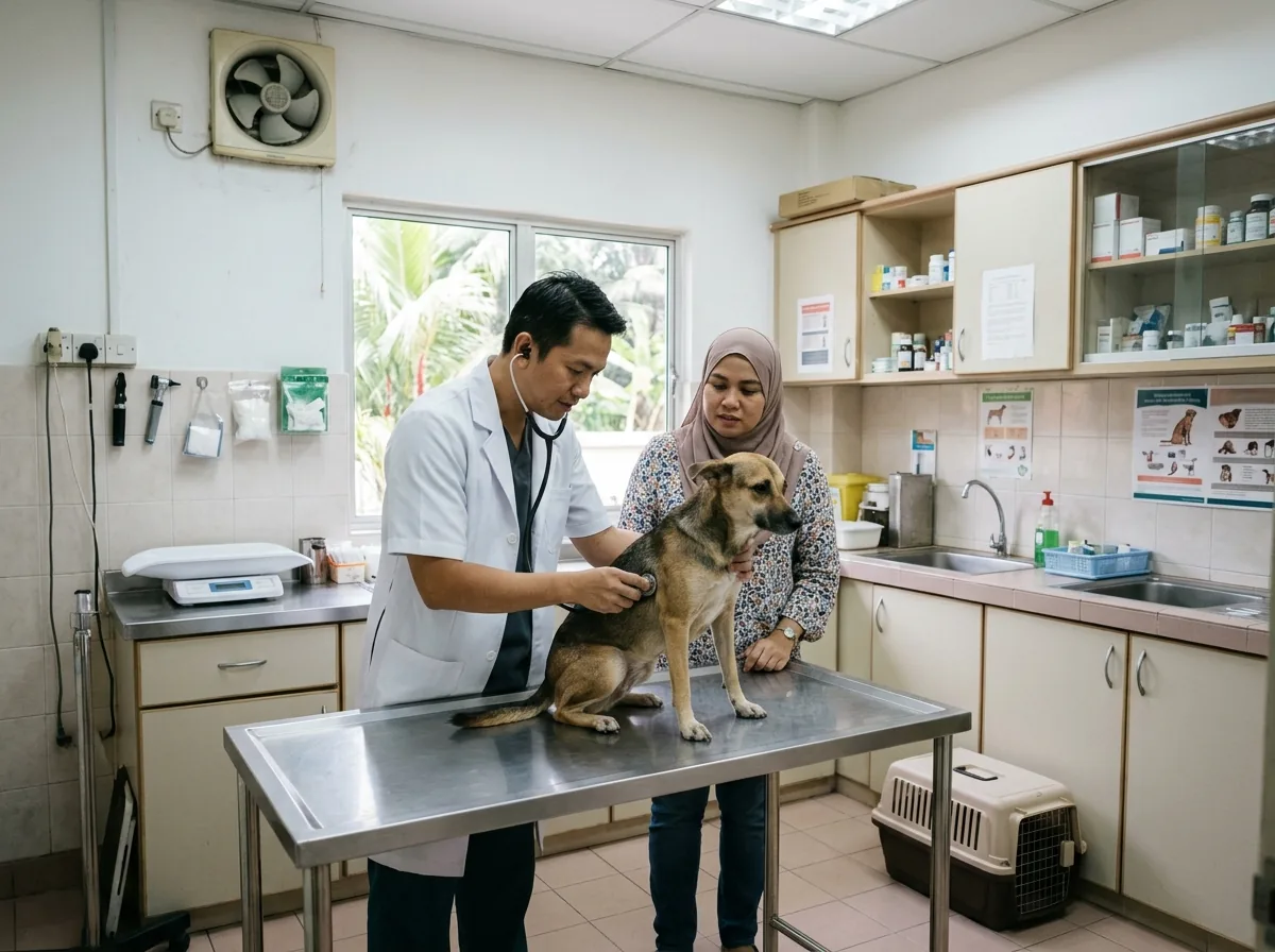 Veterinarian examining a dog during a health check appointment.